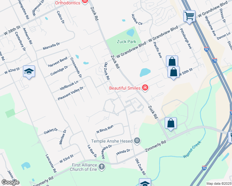 map of restaurants, bars, coffee shops, grocery stores, and more near 5005 Zuck Road in Erie