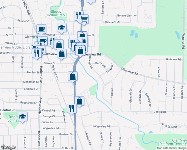 map of restaurants, bars, coffee shops, grocery stores, and more near 926 Raleigh Road in Glenview