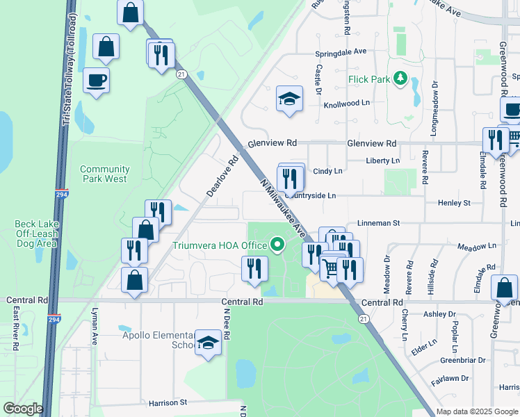 map of restaurants, bars, coffee shops, grocery stores, and more near 10410 Michael Todd Terrace in Glenview