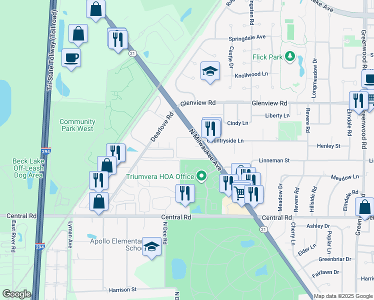 map of restaurants, bars, coffee shops, grocery stores, and more near 10410 Michael Todd Terrace in Glenview