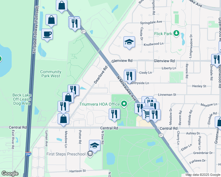 map of restaurants, bars, coffee shops, grocery stores, and more near 10410 Michael Todd Terrace in Glenview