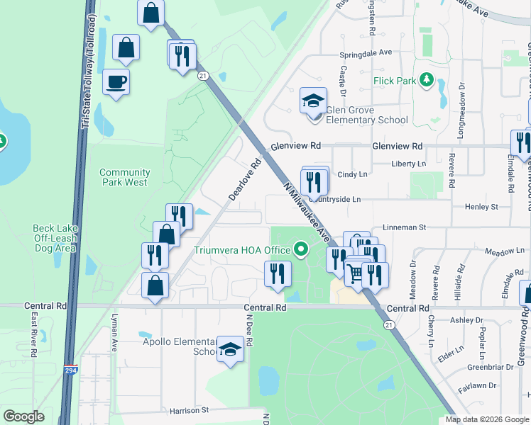 map of restaurants, bars, coffee shops, grocery stores, and more near 10410 Michael Todd Terrace in Glenview