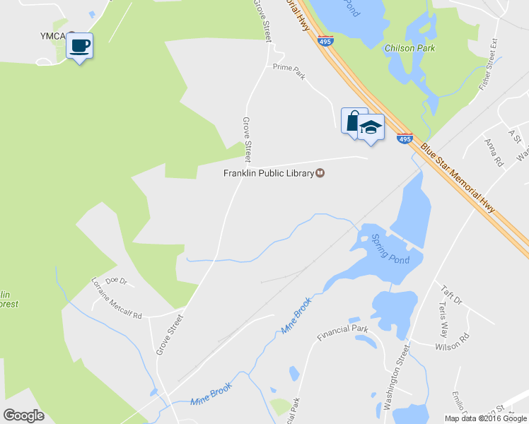 map of restaurants, bars, coffee shops, grocery stores, and more near 160 Grove Street in Franklin