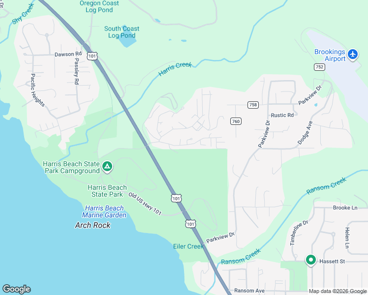 map of restaurants, bars, coffee shops, grocery stores, and more near 1475 Glenwood Drive in Brookings