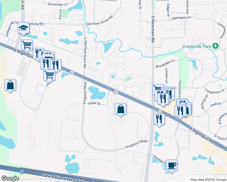 map of restaurants, bars, coffee shops, grocery stores, and more near 1223 East Algonquin Road in Schaumburg