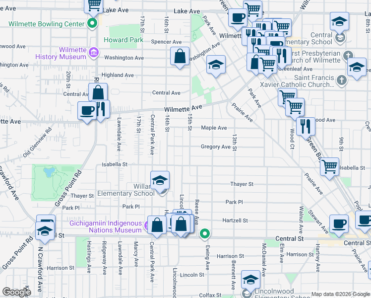 map of restaurants, bars, coffee shops, grocery stores, and more near 1516 Gregory Avenue in Wilmette