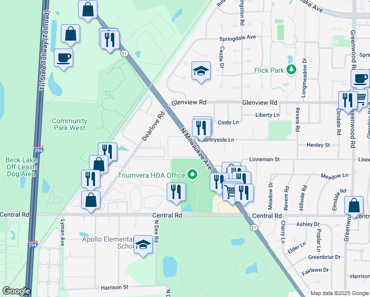map of restaurants, bars, coffee shops, grocery stores, and more near in Glenview