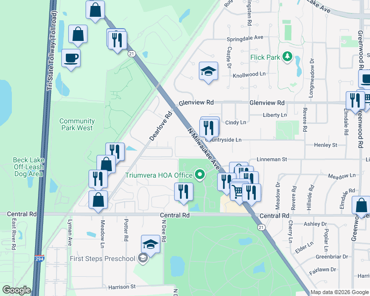 map of restaurants, bars, coffee shops, grocery stores, and more near 10382 Michael Todd Terrace in Glenview