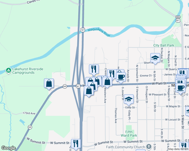 map of restaurants, bars, coffee shops, grocery stores, and more near 113-125 McKinsey Avenue in Maquoketa
