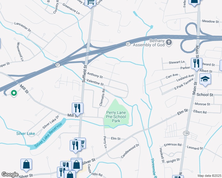 map of restaurants, bars, coffee shops, grocery stores, and more near 91 Valentine Street in Agawam