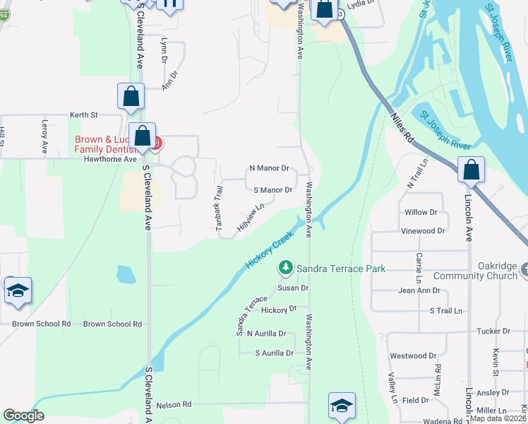 map of restaurants, bars, coffee shops, grocery stores, and more near 2628 Hillview Lane in St. Joseph