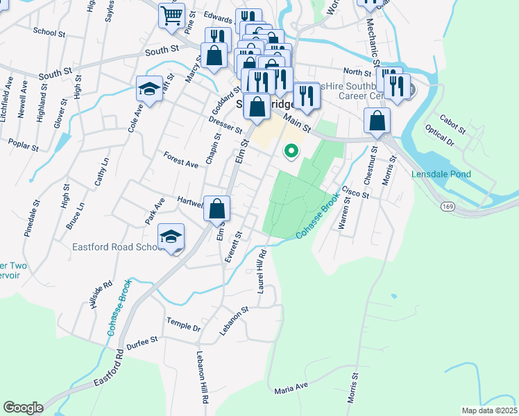 map of restaurants, bars, coffee shops, grocery stores, and more near 147 Everett Street in Southbridge