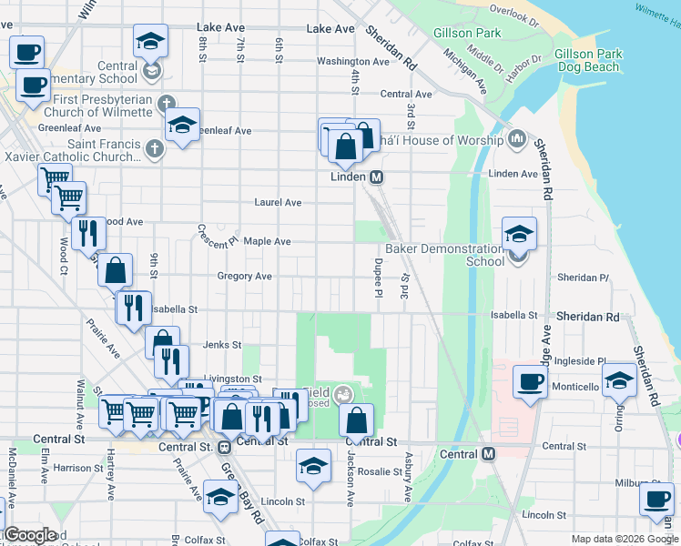 map of restaurants, bars, coffee shops, grocery stores, and more near 418 Gregory Avenue in Wilmette