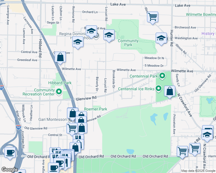 map of restaurants, bars, coffee shops, grocery stores, and more near 411 Locust Road in Wilmette