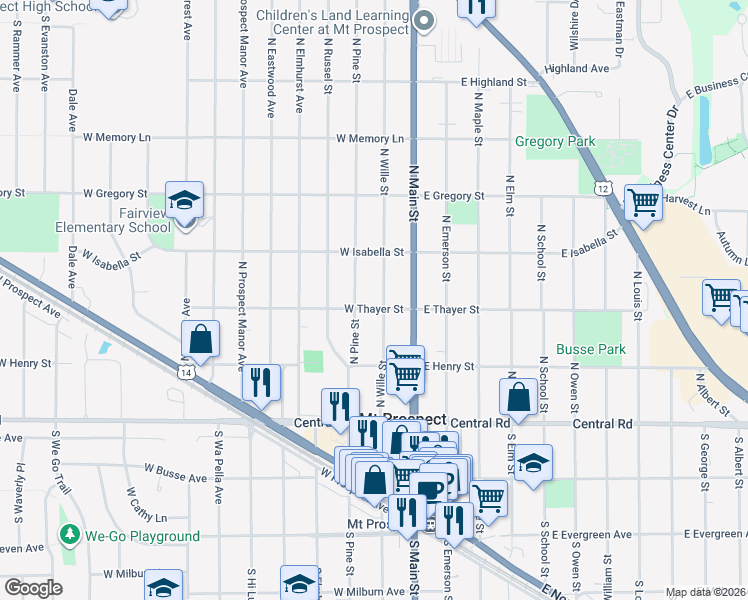 map of restaurants, bars, coffee shops, grocery stores, and more near 207 North Pine Street in Mount Prospect
