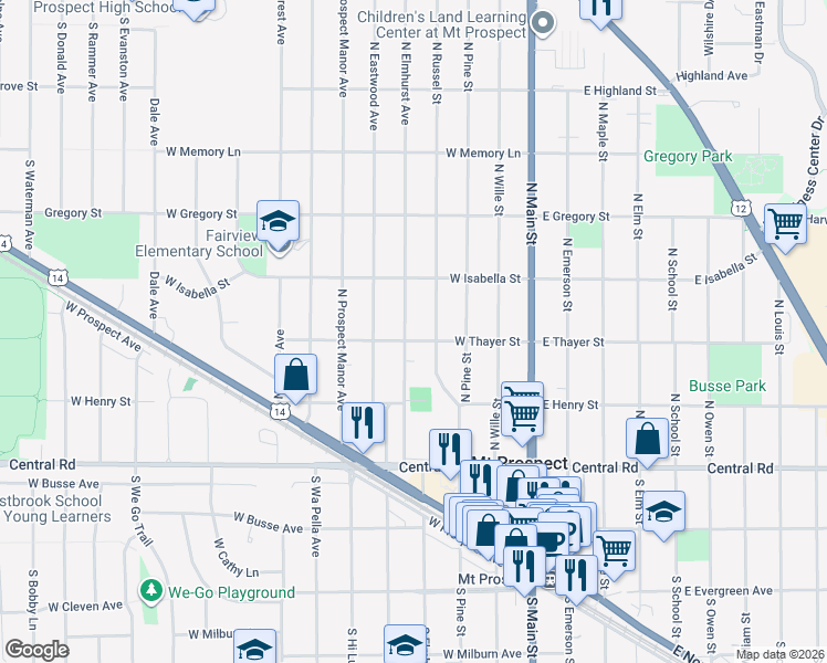 map of restaurants, bars, coffee shops, grocery stores, and more near 206 North Elmhurst Avenue in Mount Prospect
