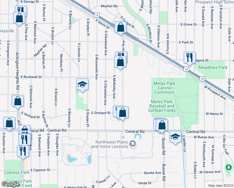 map of restaurants, bars, coffee shops, grocery stores, and more near 734 South McKinley Avenue in Arlington Heights