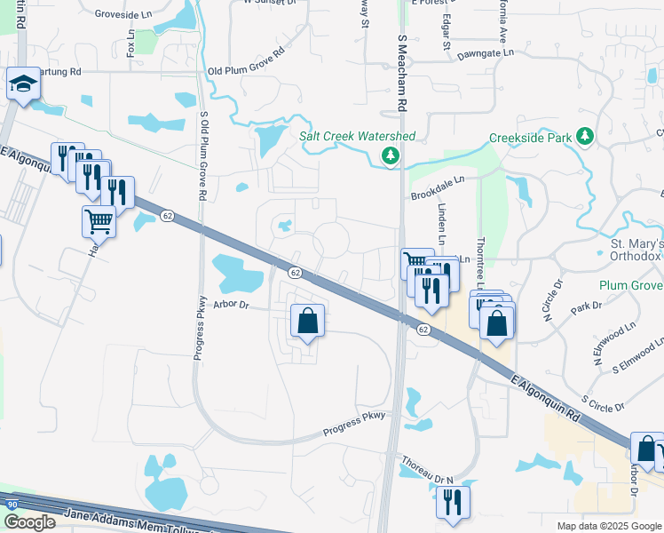 map of restaurants, bars, coffee shops, grocery stores, and more near 1296 East Algonquin Road in Schaumburg