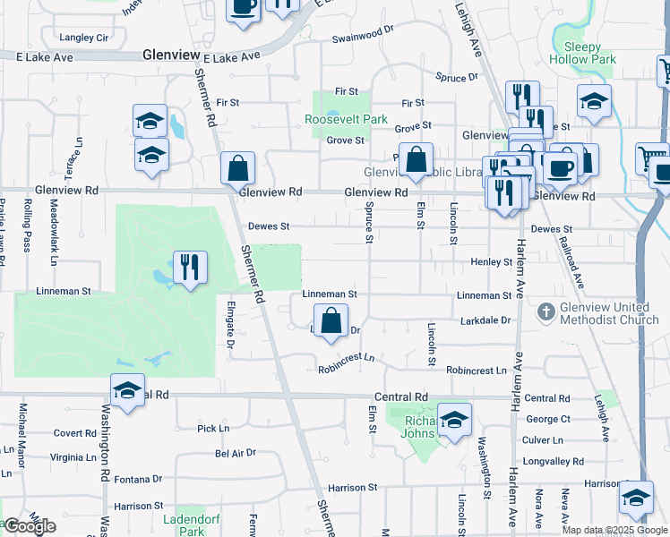map of restaurants, bars, coffee shops, grocery stores, and more near 2235 Henley Street in Glenview