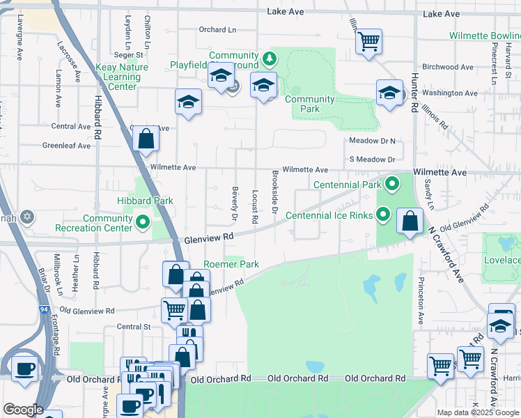 map of restaurants, bars, coffee shops, grocery stores, and more near 411 Locust Road in Wilmette