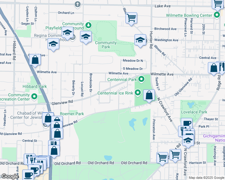 map of restaurants, bars, coffee shops, grocery stores, and more near 354 East Wilshire Drive in Wilmette
