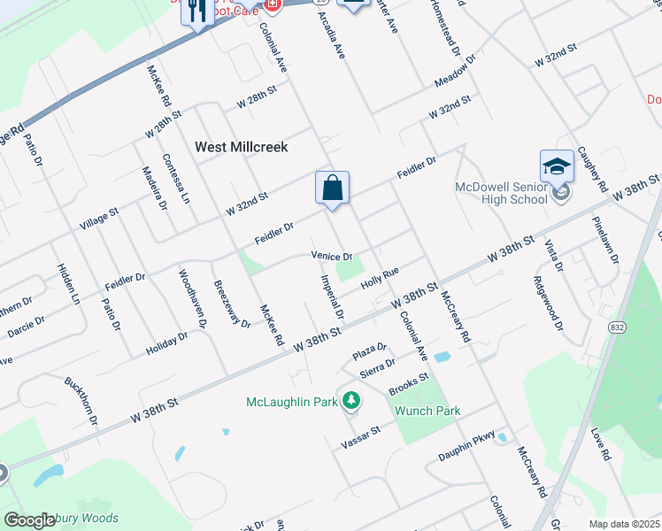 map of restaurants, bars, coffee shops, grocery stores, and more near 3605 Imperial Drive in Erie