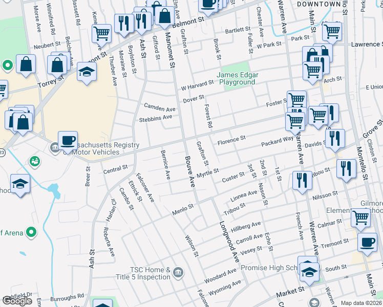 map of restaurants, bars, coffee shops, grocery stores, and more near 223 Grafton Street in Brockton