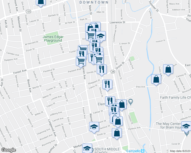 map of restaurants, bars, coffee shops, grocery stores, and more near 17 Sheppard Avenue in Brockton