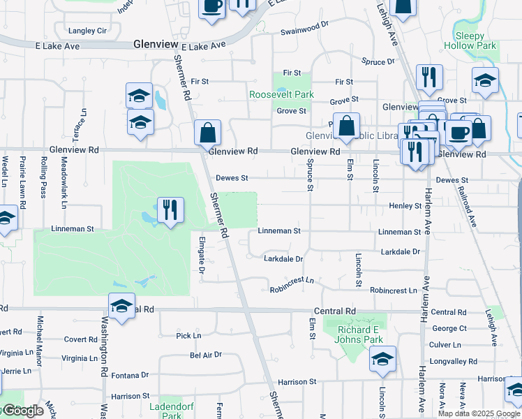 map of restaurants, bars, coffee shops, grocery stores, and more near 2307 Henley Street in Glenview