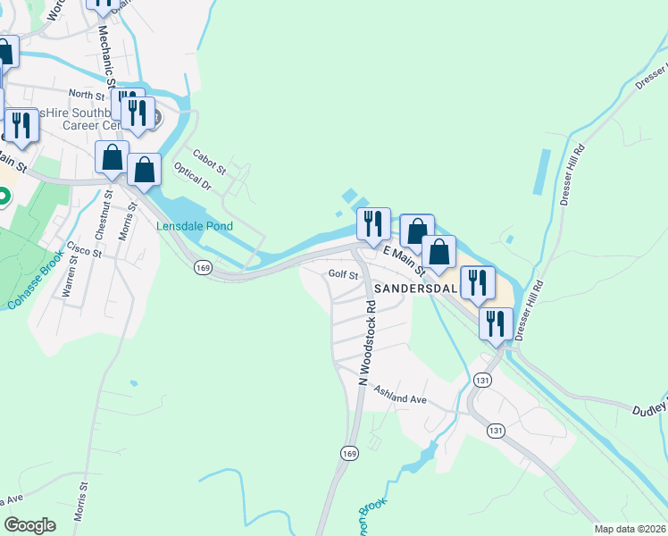 map of restaurants, bars, coffee shops, grocery stores, and more near 23 Golf Street in Southbridge