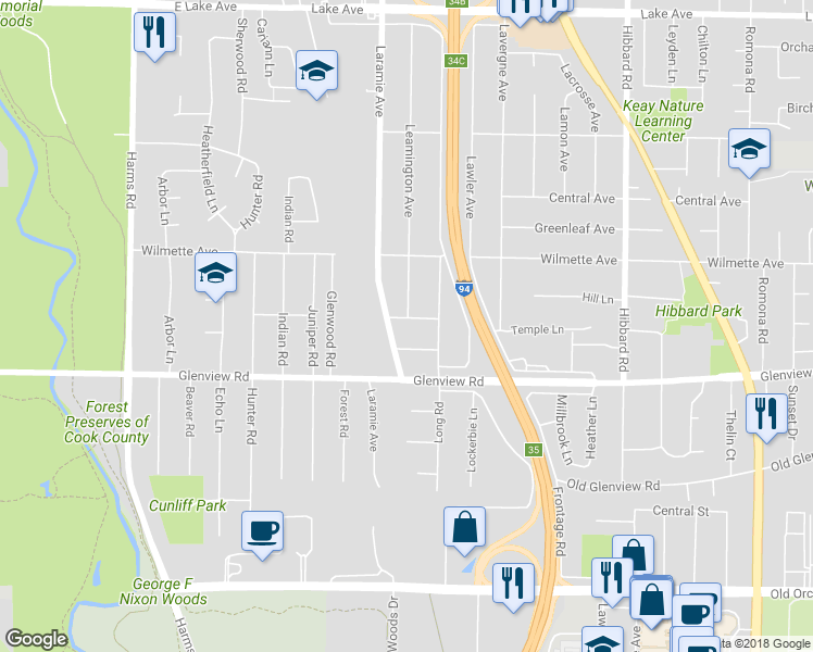 map of restaurants, bars, coffee shops, grocery stores, and more near 41 Beverly Lane in Glenview