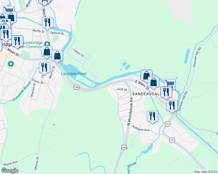 map of restaurants, bars, coffee shops, grocery stores, and more near 39 Old North Woodstock Road in Southbridge