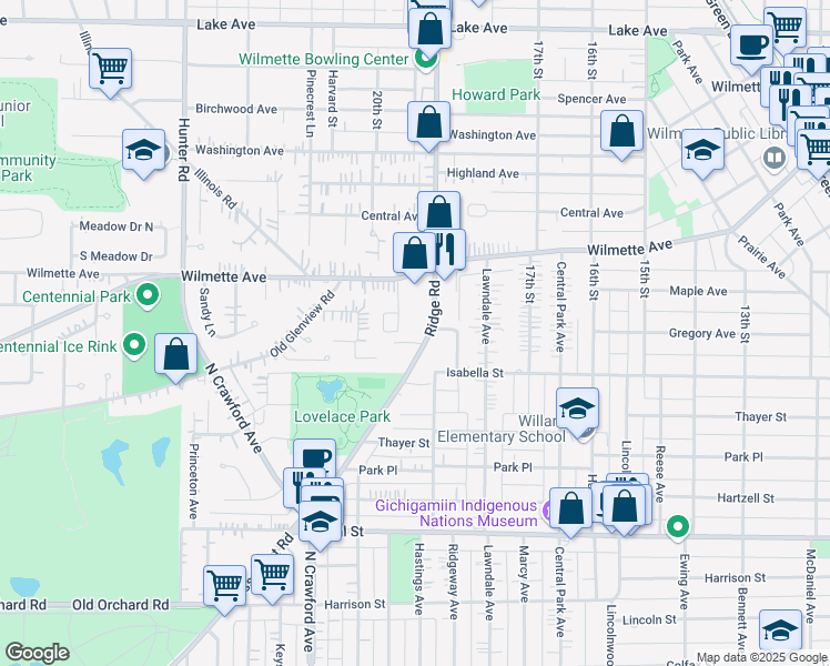 map of restaurants, bars, coffee shops, grocery stores, and more near 305 Ridge Road in Wilmette