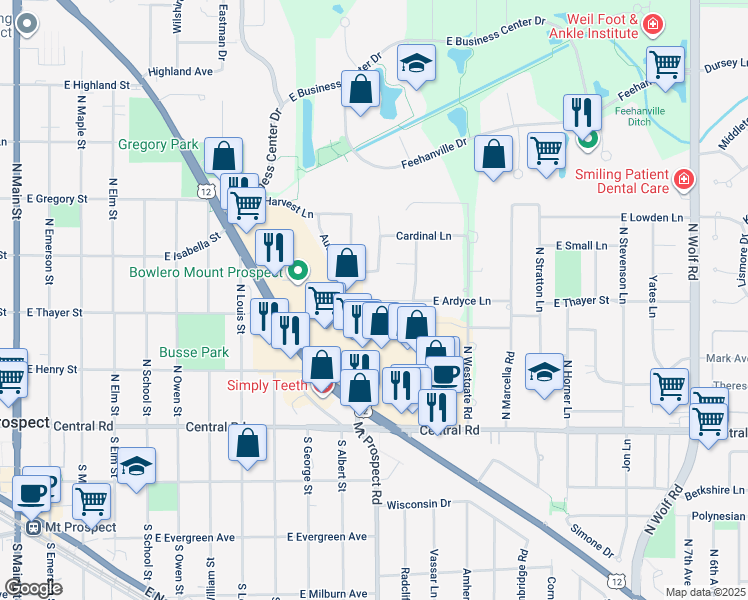 map of restaurants, bars, coffee shops, grocery stores, and more near 904 East Ardyce Lane in Mount Prospect