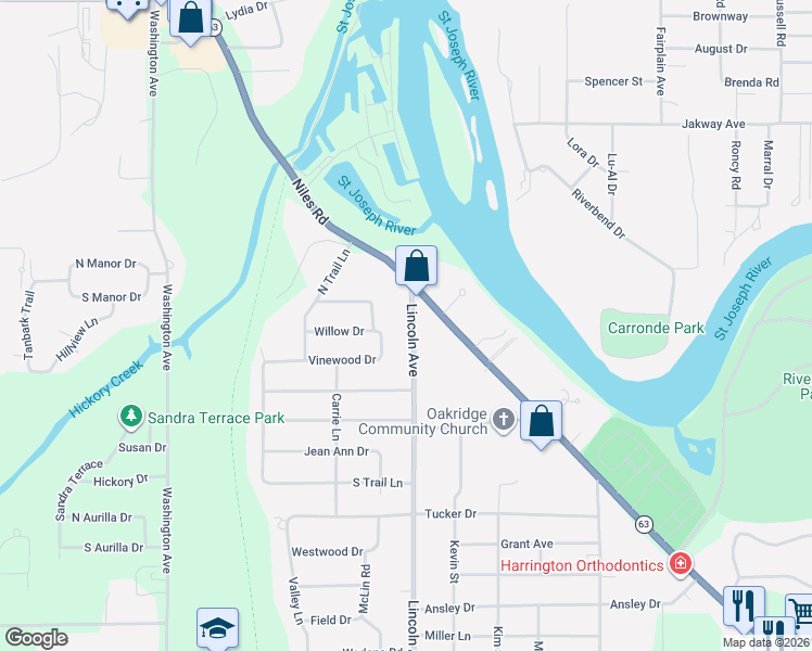 map of restaurants, bars, coffee shops, grocery stores, and more near 2602 Niles Road in St. Joseph