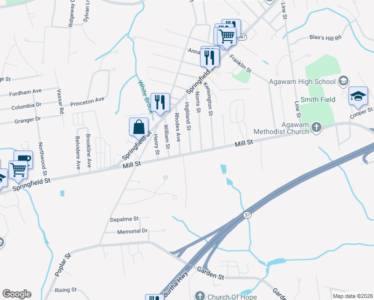 map of restaurants, bars, coffee shops, grocery stores, and more near 75 Rhodes Avenue in Agawam