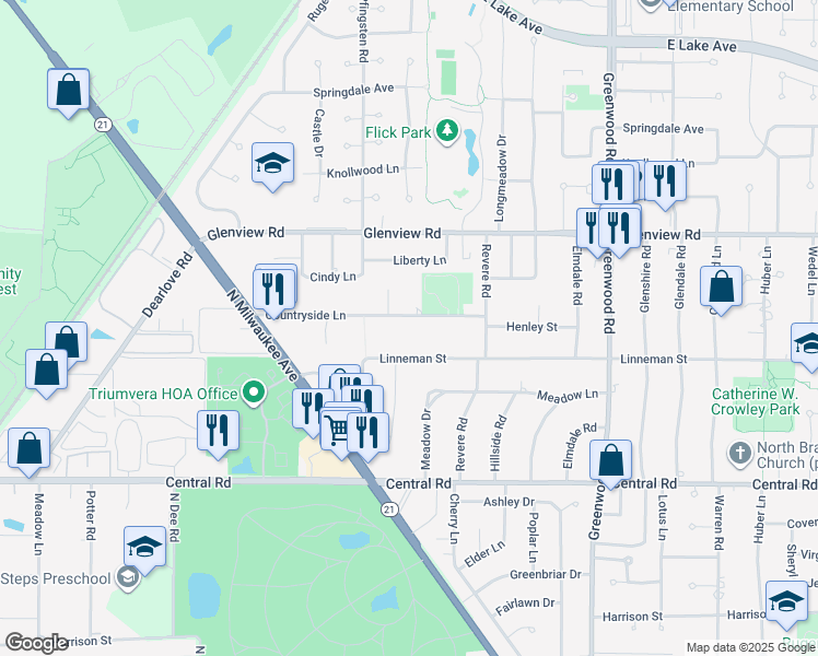 map of restaurants, bars, coffee shops, grocery stores, and more near 3613 Countryside Ln in Glenview