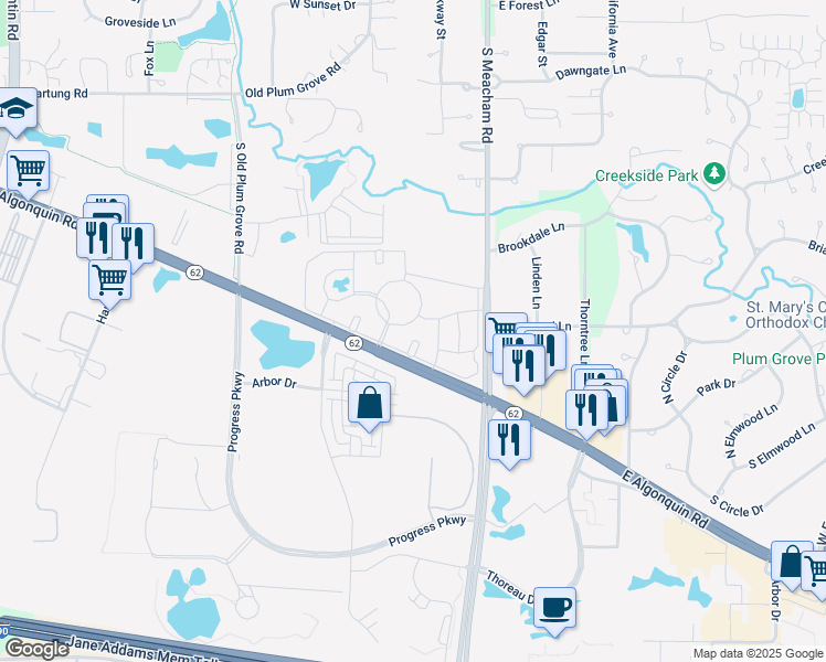 map of restaurants, bars, coffee shops, grocery stores, and more near 1296 East Algonquin Road in Schaumburg
