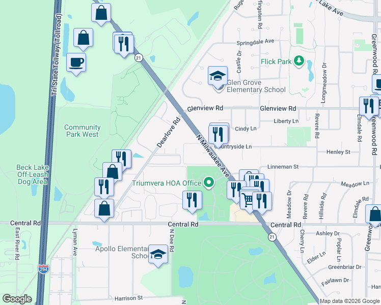 map of restaurants, bars, coffee shops, grocery stores, and more near 10410 Michael Todd Terrace in Glenview