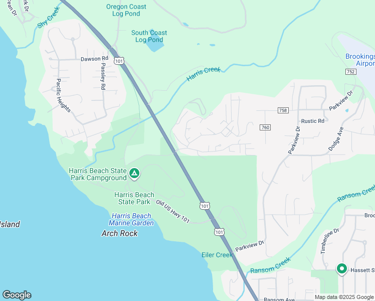 map of restaurants, bars, coffee shops, grocery stores, and more near 1533 Glenwood Drive in Brookings