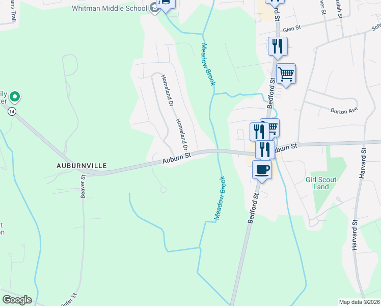 map of restaurants, bars, coffee shops, grocery stores, and more near 627 Auburn Street in Whitman