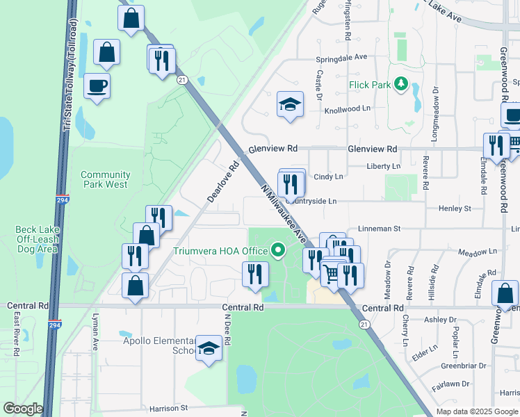 map of restaurants, bars, coffee shops, grocery stores, and more near 10410 Michael Todd Terrace in Glenview