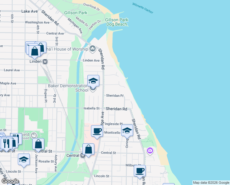 map of restaurants, bars, coffee shops, grocery stores, and more near 2865 Sheridan Place in Evanston