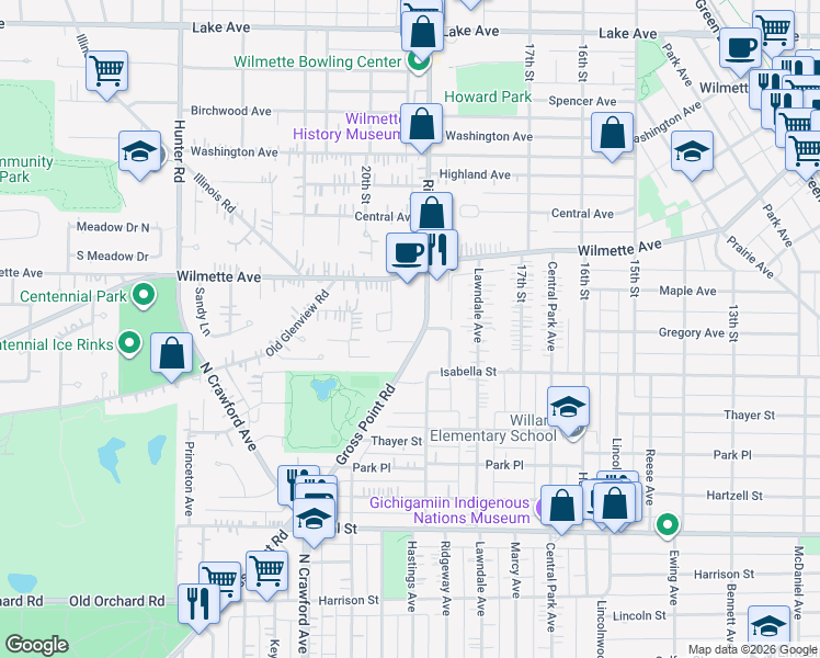 map of restaurants, bars, coffee shops, grocery stores, and more near 235 Ridge Road in Wilmette
