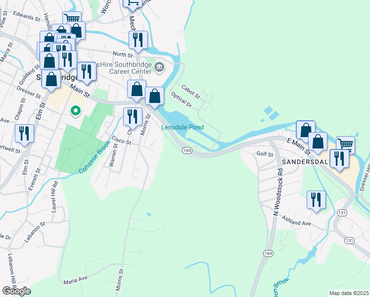 map of restaurants, bars, coffee shops, grocery stores, and more near 219 East Main Street in Southbridge