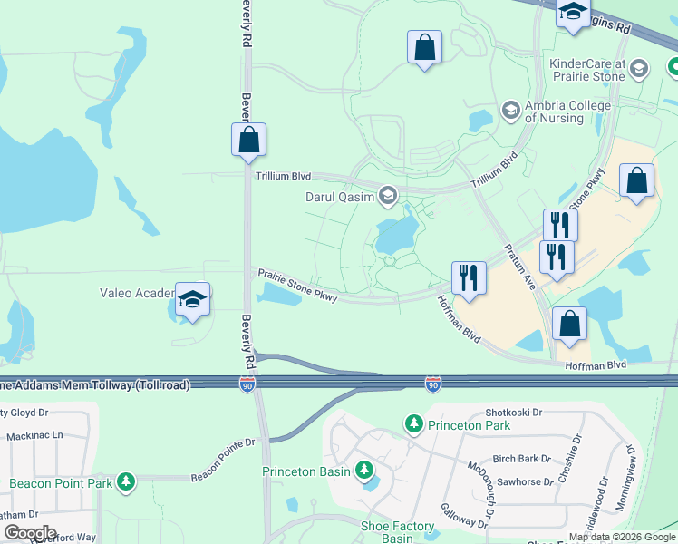 map of restaurants, bars, coffee shops, grocery stores, and more near Prairie Stone Parkway in Hoffman Estates
