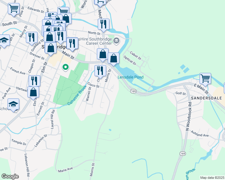 map of restaurants, bars, coffee shops, grocery stores, and more near 117 Cisco Street in Southbridge