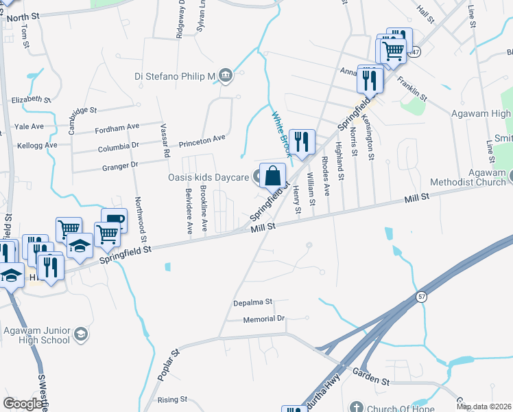 map of restaurants, bars, coffee shops, grocery stores, and more near 1016 Springfield Street in Agawam