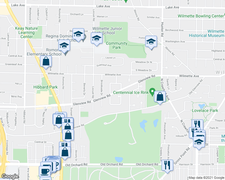 map of restaurants, bars, coffee shops, grocery stores, and more near 406 Wilshire Drive West in Wilmette