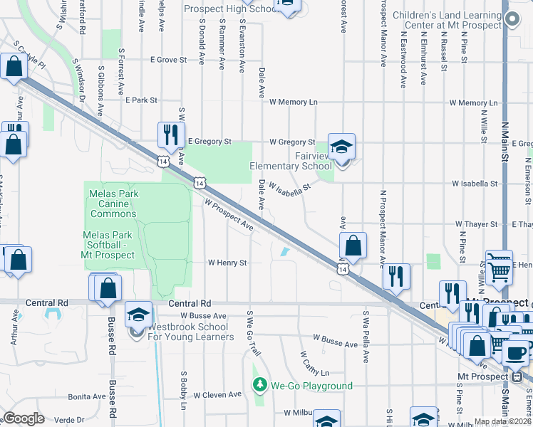 map of restaurants, bars, coffee shops, grocery stores, and more near 706 French Way in Mount Prospect